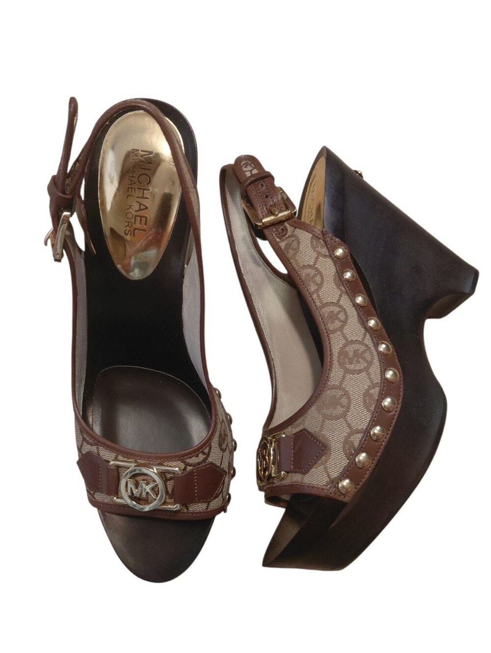 Michael Kors Brown Logo Platform Slingback Wedges with Gold Accents